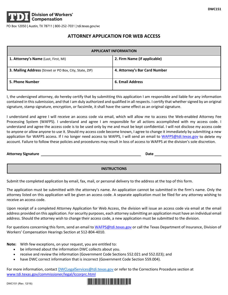 Form DWC151 Attorney Application for Web Access - Texas, Page 1