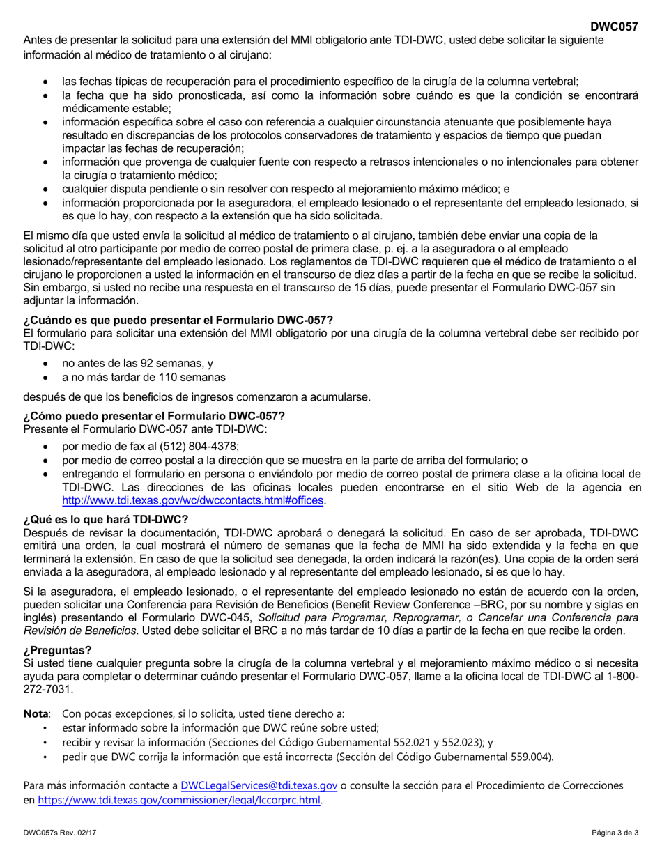 Formulario DWC057 Solicitud Para Extension De La Fecha Para Mejoramiento Maximo Medico (Maximum Medical Improvement - Mmi, Por Su Nombre Y Siglas En Inglers) Por Una Cirugia De La Columna Vertebral - Texas (Spanish), Page 3