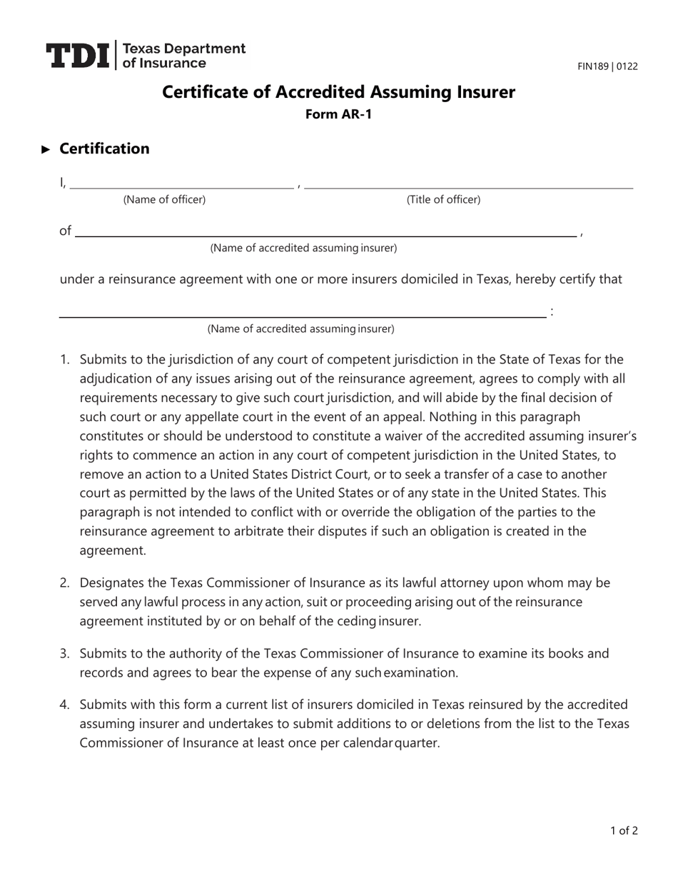 Form FIN189 (AR-1) Certificate of Accredited Assuming Insurer - Texas, Page 1