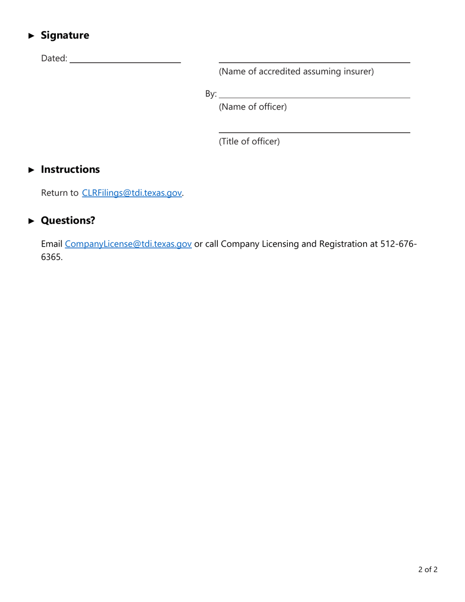 Form FIN189 (AR-1) Certificate of Accredited Assuming Insurer - Texas, Page 2