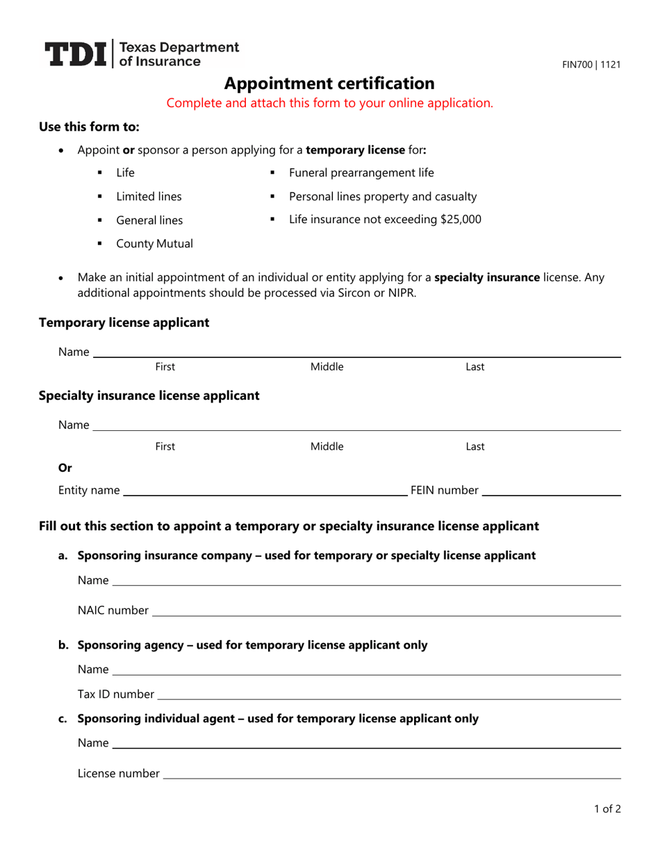 Form FIN700 Appointment Certification - Texas, Page 1