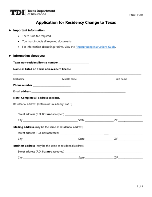 Form FIN594 Application for Residency Change to Texas - Texas