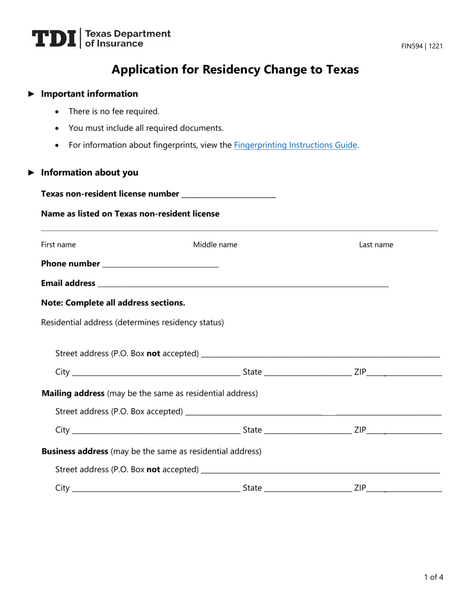 Form FIN594 Application for Residency Change to Texas - Texas, Page 1