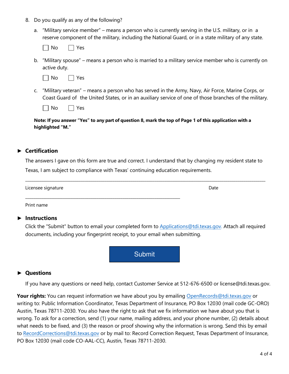 Form FIN594 Application for Residency Change to Texas - Texas, Page 4