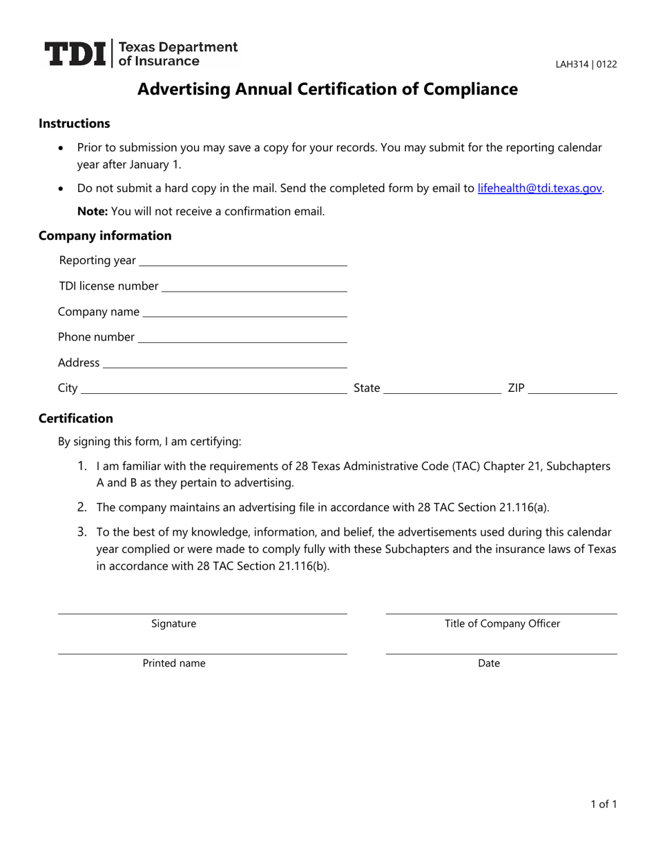 Form LAH314 Advertising Annual Certification of Compliance - Texas, Page 1