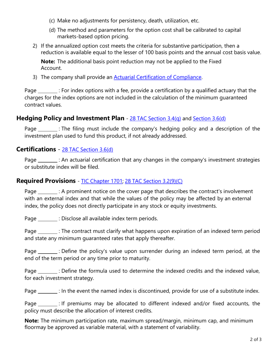 Form LAC018 Index-Linked Crediting Features Checklist - Texas, Page 2