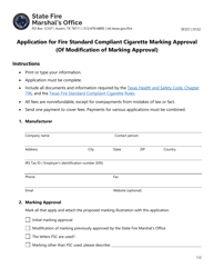 Form SF251 Application for Fire Standard Compliant Cigarette Marking Approval (Of Modification of Marking Approval) - Texas