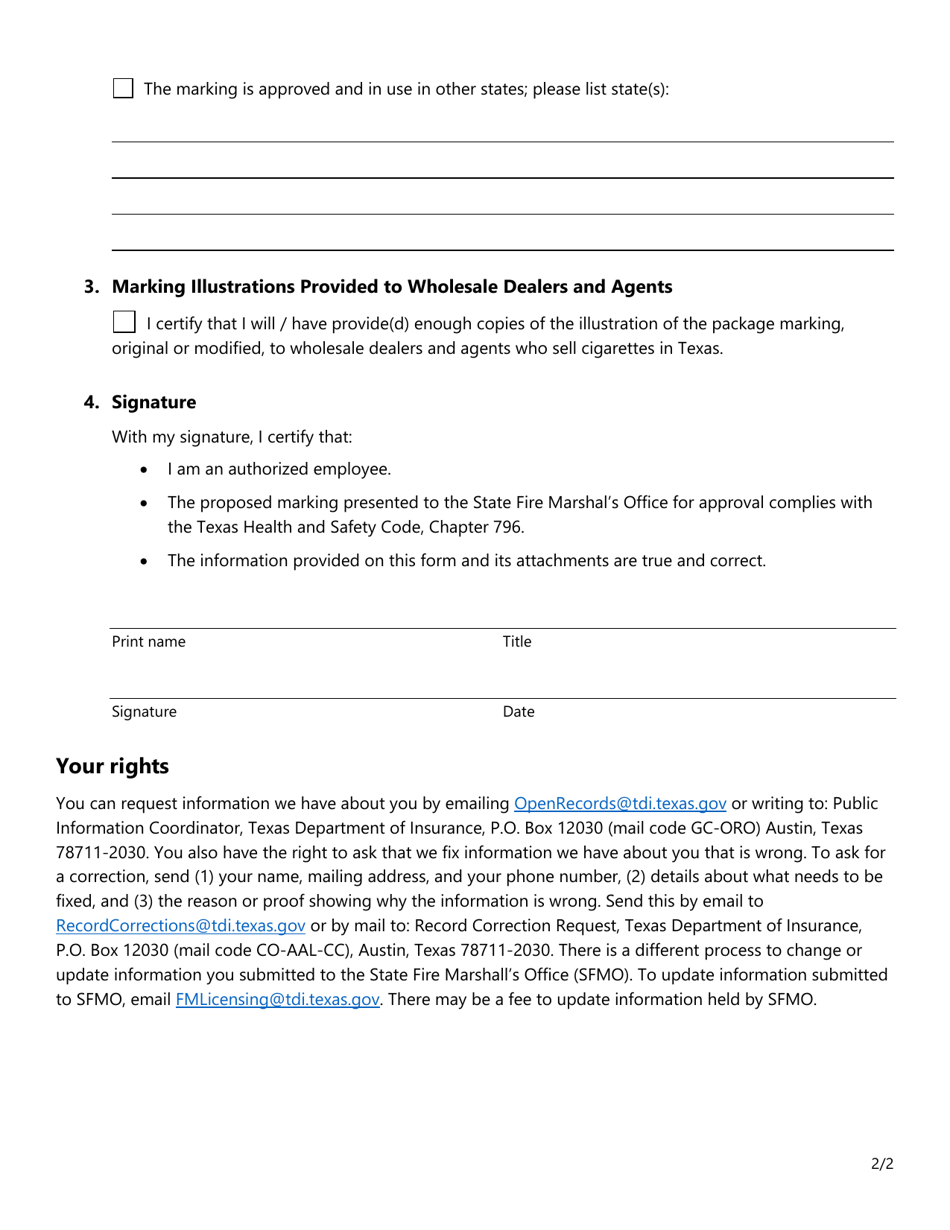 Form SF251 Application for Fire Standard Compliant Cigarette Marking Approval (Of Modification of Marking Approval) - Texas, Page 2