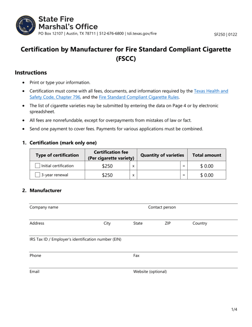 Form SF250 Certification by Manufacturer for Fire Standard Compliant Cigarette (Fscc) - Texas
