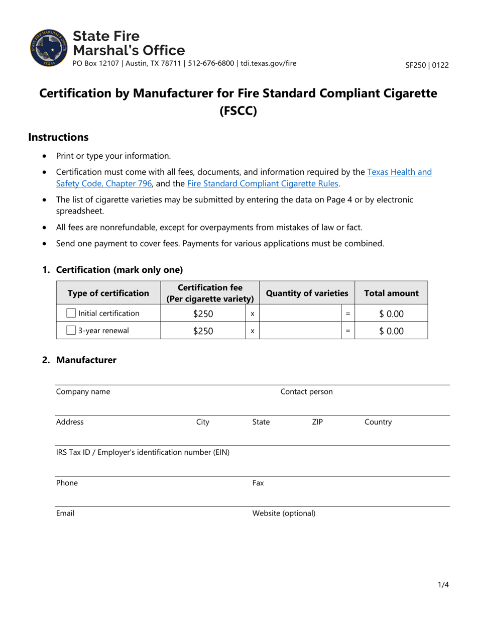 Form SF250 Certification by Manufacturer for Fire Standard Compliant Cigarette (Fscc) - Texas, Page 1