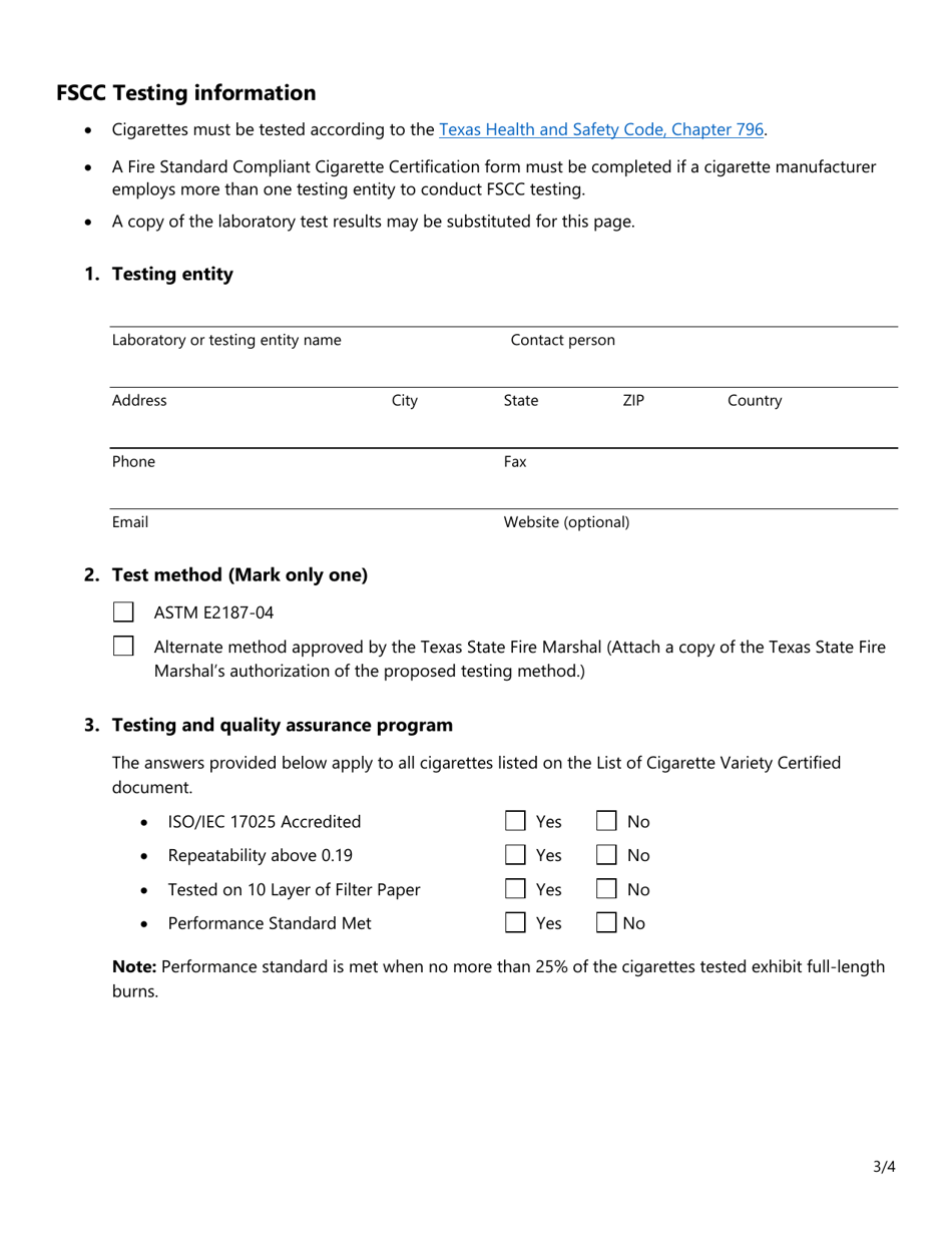 Form SF250 Certification by Manufacturer for Fire Standard Compliant Cigarette (Fscc) - Texas, Page 3