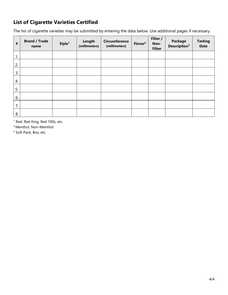 Form SF250 Certification by Manufacturer for Fire Standard Compliant Cigarette (Fscc) - Texas, Page 4