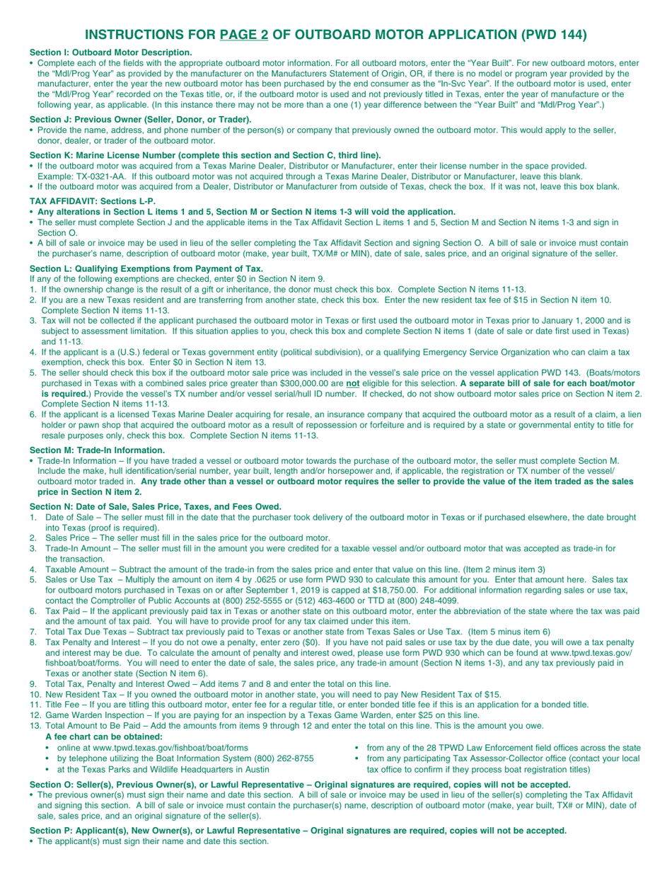 Form PWD144 Outboard Motor Application - Texas, Page 3