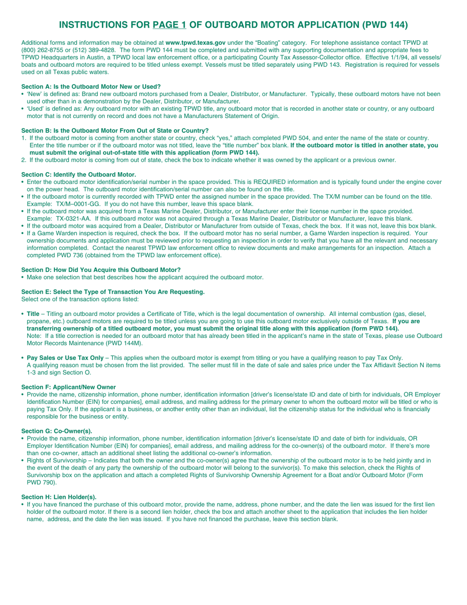 Form PWD144 Outboard Motor Application - Texas, Page 4
