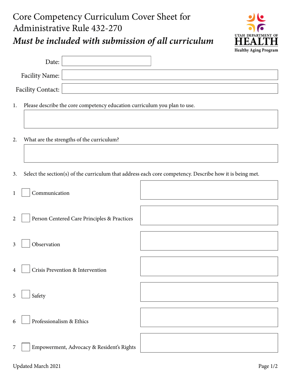 Core Competency Curriculum Cover Sheet for Administrative Rule 432-270 - Utah, Page 1