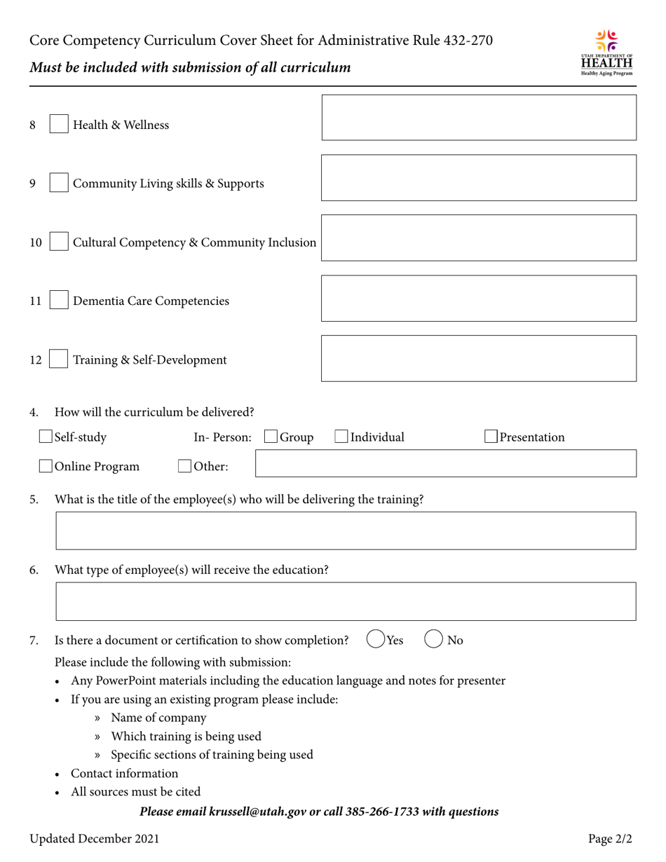Core Competency Curriculum Cover Sheet for Administrative Rule 432-270 - Utah, Page 2