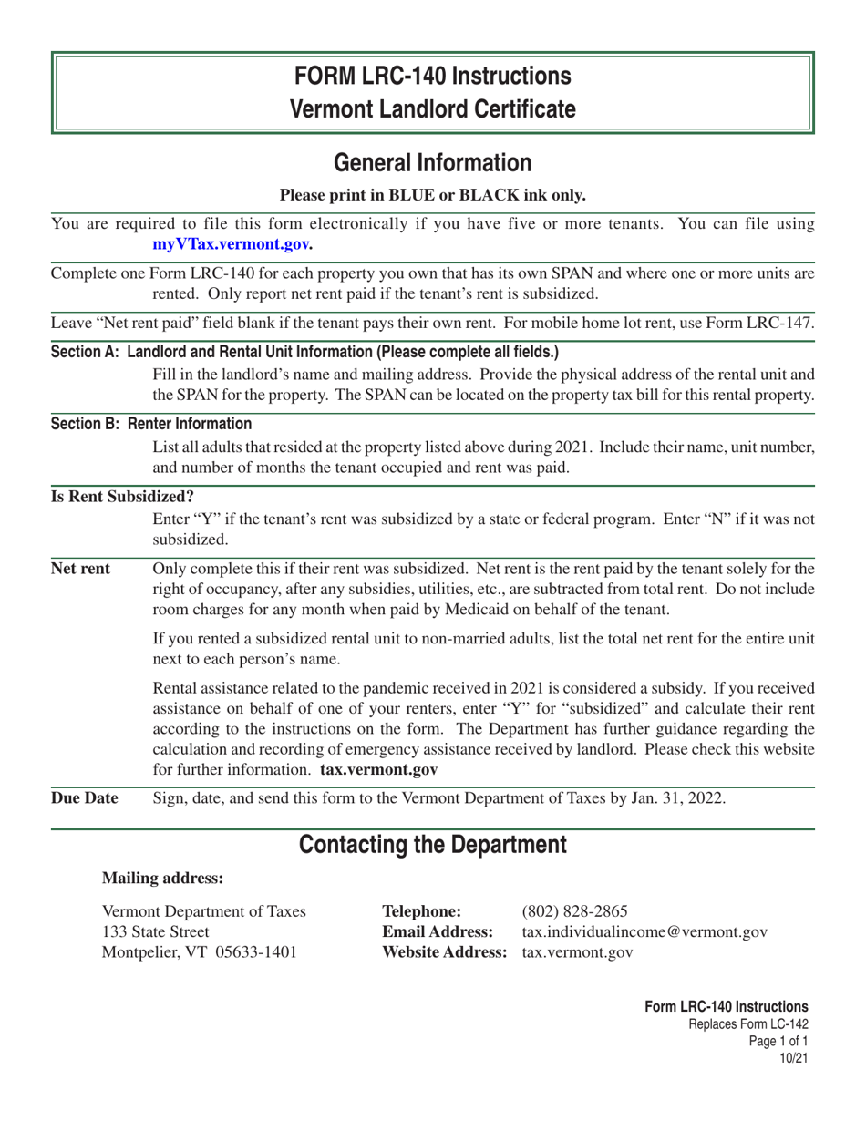 Instructions for VT Form LRC-140 Vermont Landlord Certificate - Vermont, Page 1