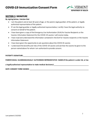 Covid-19 Immunization Consent Form - Vermont, Page 2
