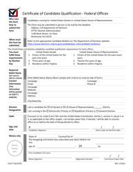 Form ELECT-501(FED) Certificate of Candidate Qualification - Federal Offices - Virginia