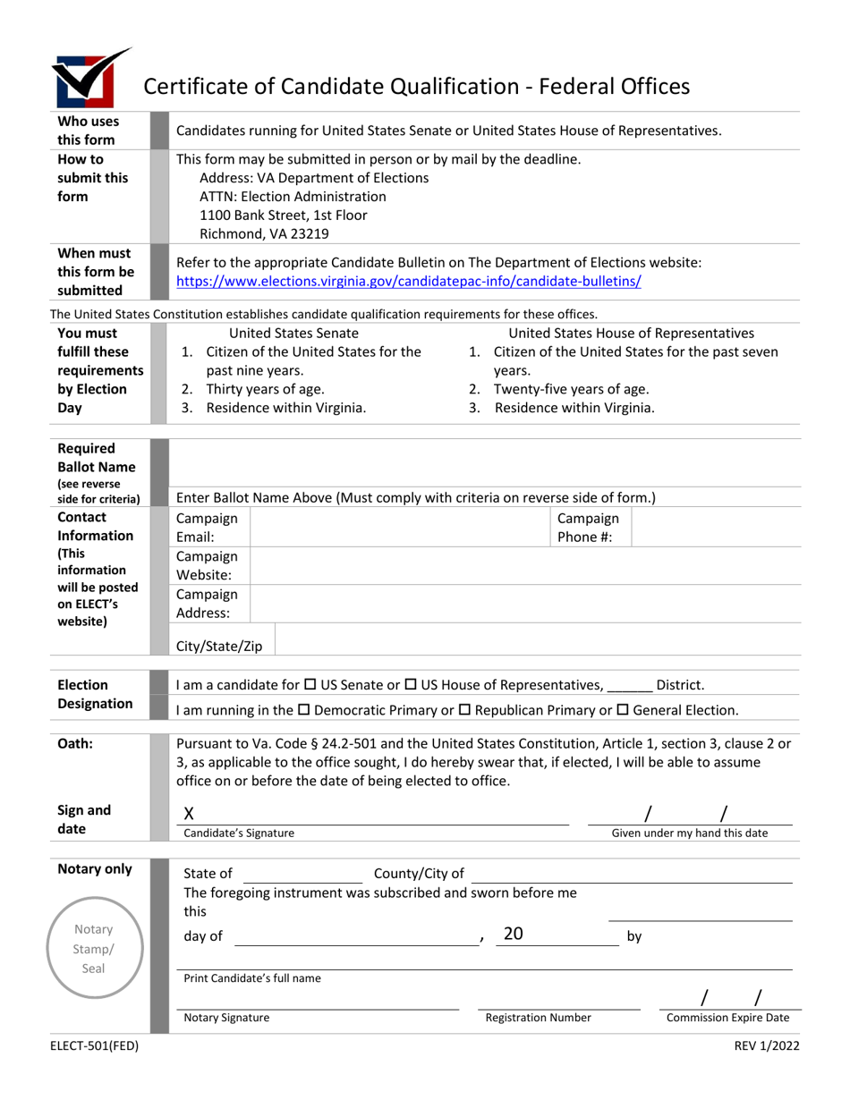 Form ELECT-501(FED) Certificate of Candidate Qualification - Federal Offices - Virginia, Page 1