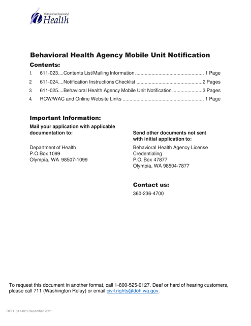 DOH Form 611-025 Behavioral Health Agency Mobile Unit Notification - Washington