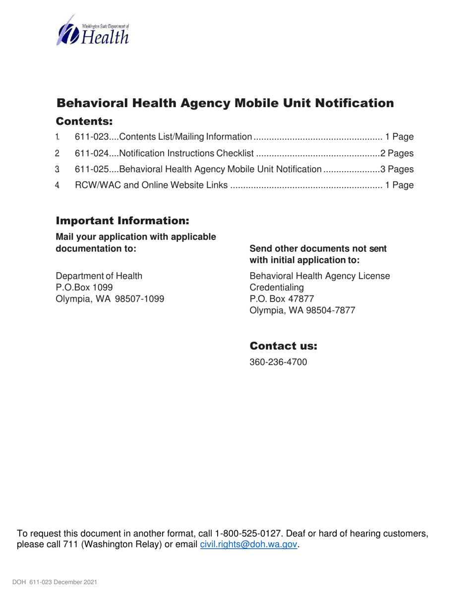 DOH Form 611-025 Behavioral Health Agency Mobile Unit Notification - Washington, Page 1