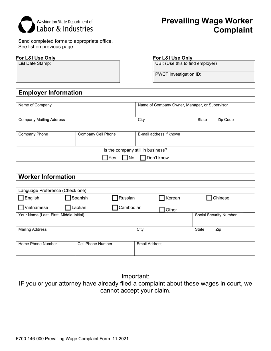 Form F700-146-000 Prevailing Wage Worker Complaint - Washington, Page 3