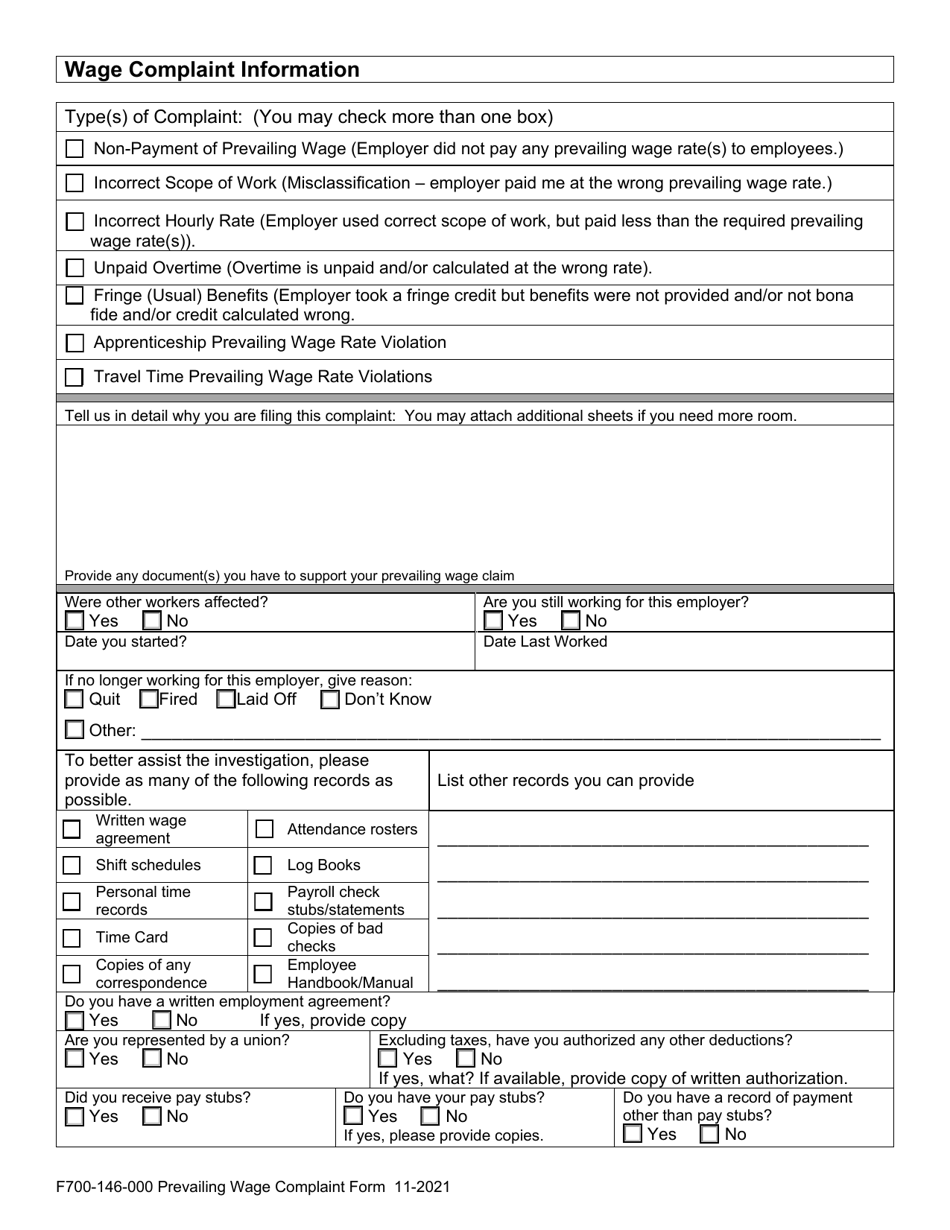 Form F700-146-000 Prevailing Wage Worker Complaint - Washington, Page 4
