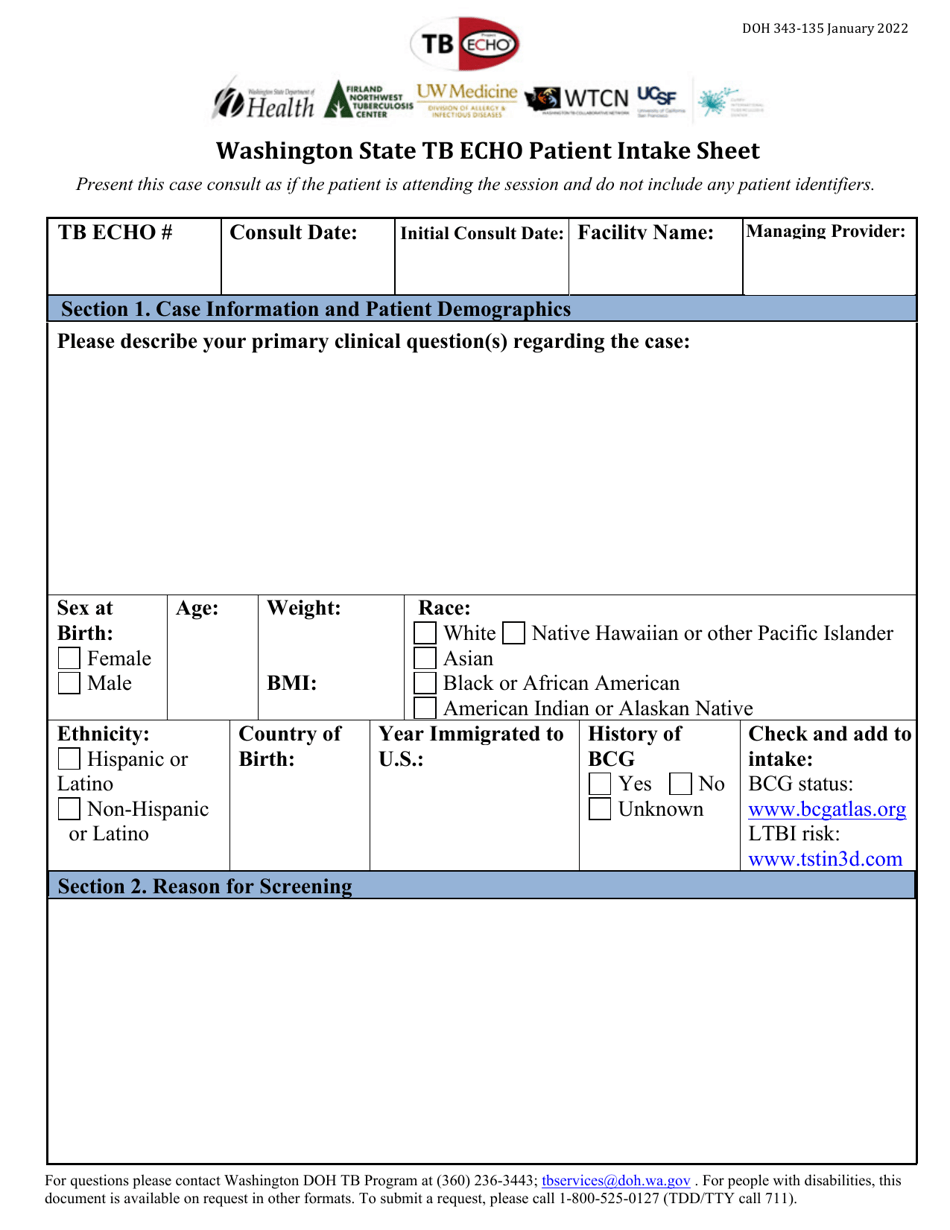 DOH Form 343-135 Washington State Tb Echo Patient Intake Sheet - Washington, Page 1