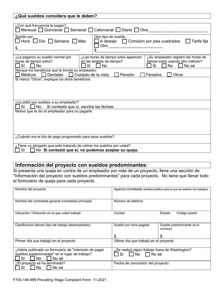 Formulario F700-146-999 Queja Del Trabajador Por Sueldos Predominantes - Washington (Spanish), Page 5