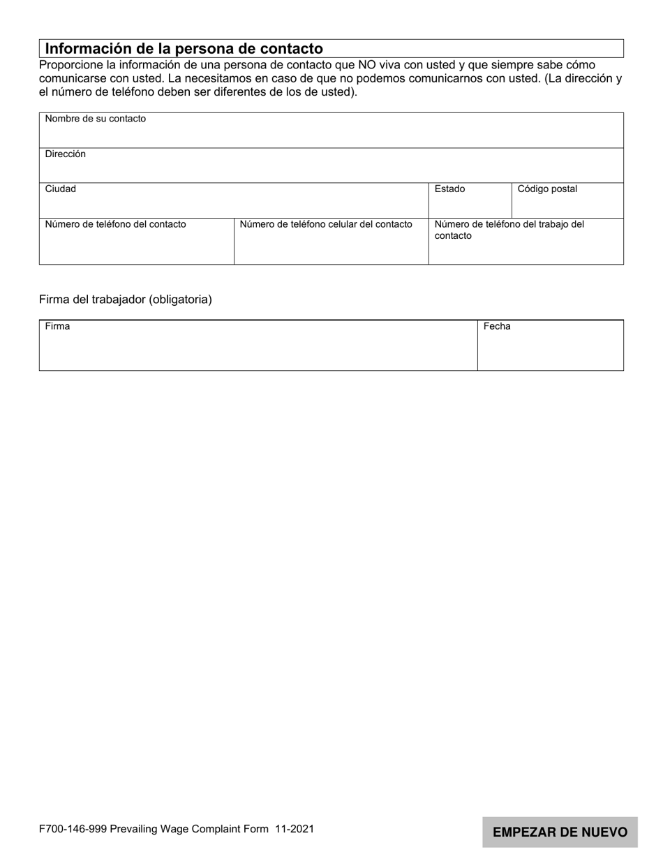 Formulario F700-146-999 Queja Del Trabajador Por Sueldos Predominantes - Washington (Spanish), Page 6