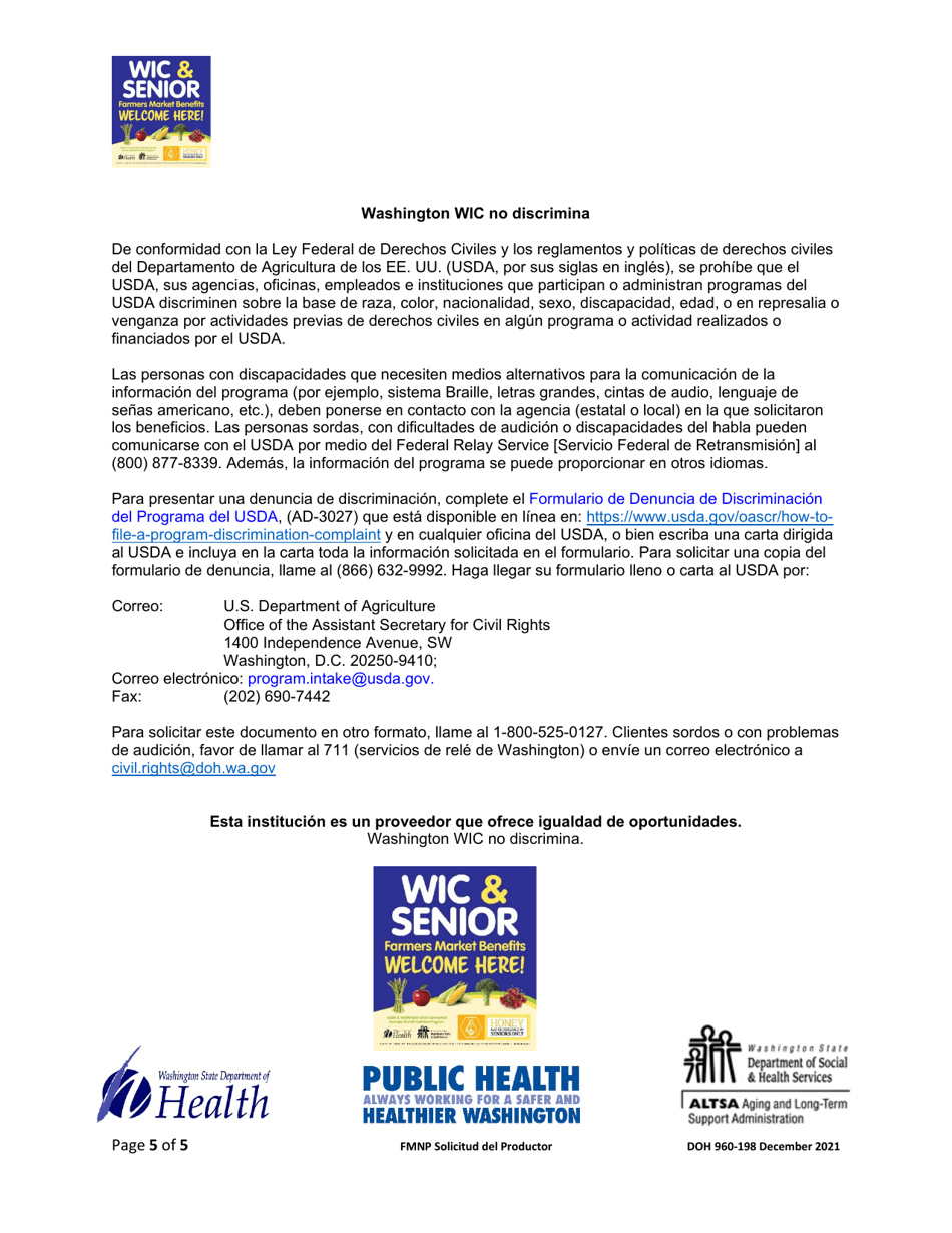 DOH Formulario 960-198 Solicitud Del Productor - Programa De Nutricion Del Mercado De Granjeros (Wic Fmnp) Y El Programa De Nutricion De Mercados Agricolas Para Adultos Mayores (Sfmnp) - Washington (Spanish), Page 5