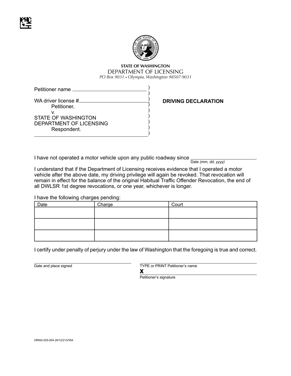 Form HRNG-525-004 Driving Declaration - Washington, Page 1