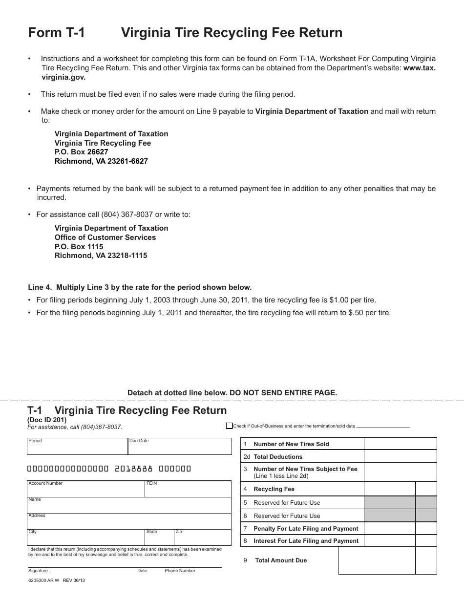 Form T-1 Virginia Tire Recycling Fee Return - Virginia, Page 1