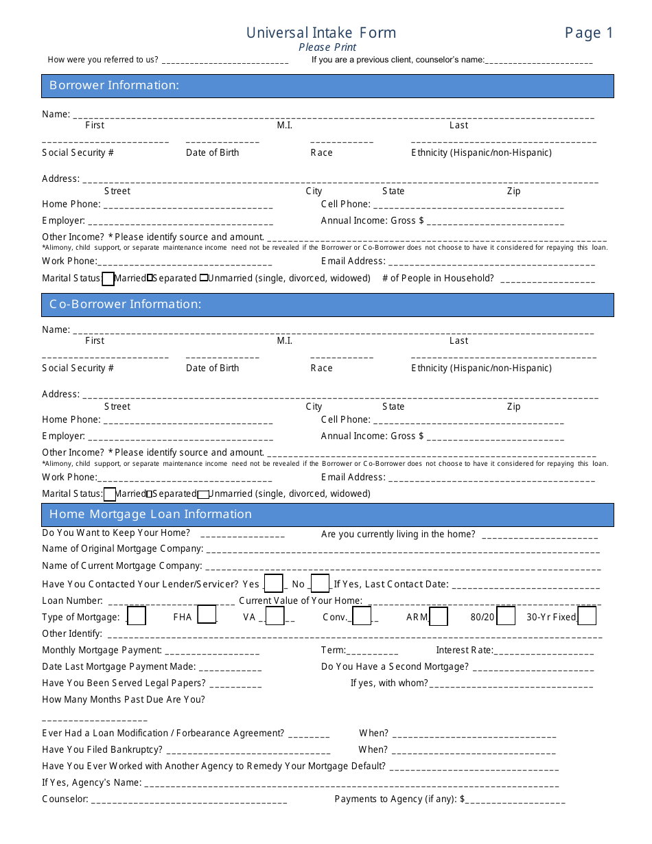 Universal Intake Form - Delaware, Page 1