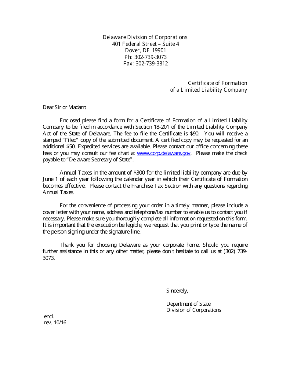 Certificate of Formation of Limited Liability Company - Delaware, Page 1