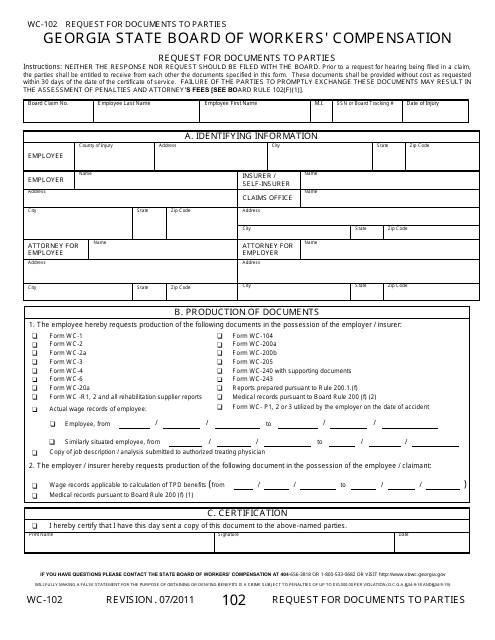 Form WC-102 Request for Documents to Parties - Georgia (United States)