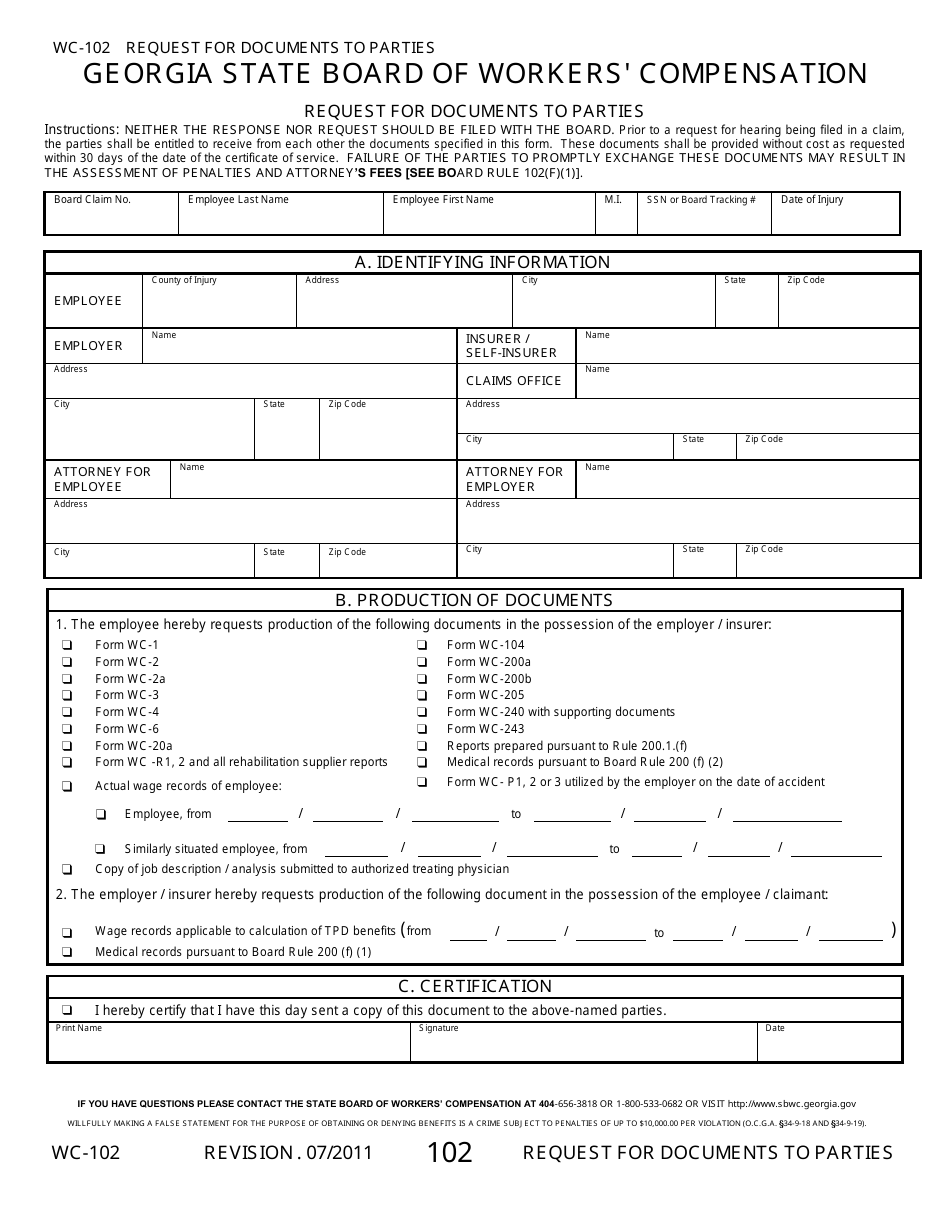 Form WC-102 Request for Documents to Parties - Georgia (United States), Page 1