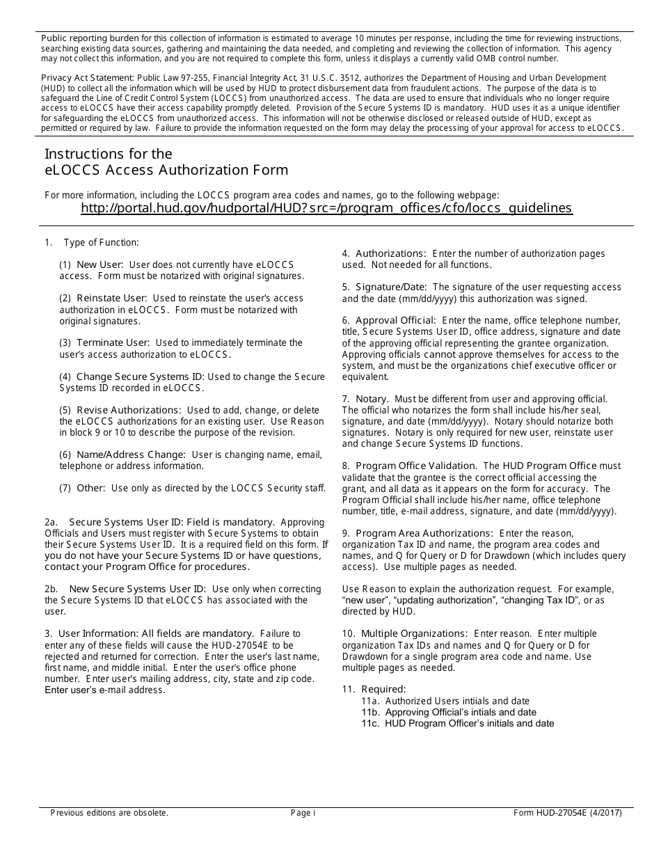 Form HUD 27054E Download Fillable PDF Or Fill Online Eloccs Access 