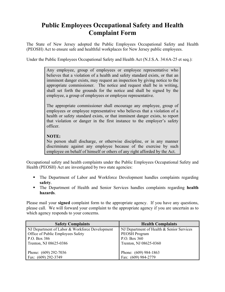 Public Employees Occupational Safety and Health Complaint Form - New Jersey, Page 1