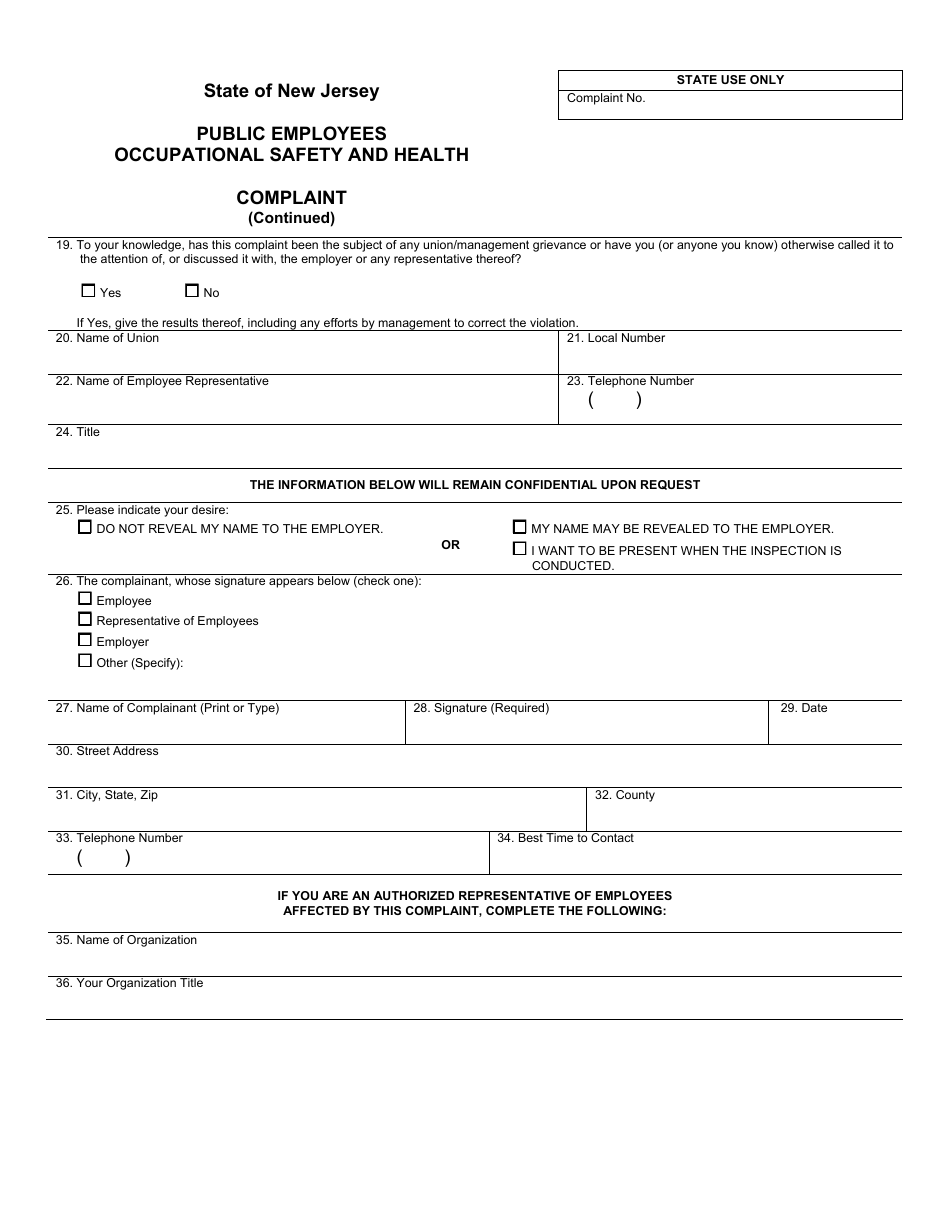 Public Employees Occupational Safety and Health Complaint Form - New Jersey, Page 3