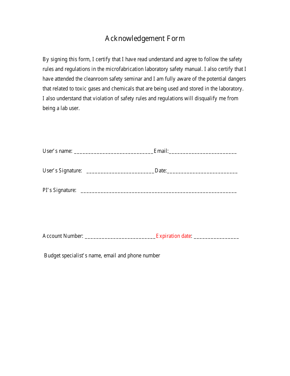 Safety Rules Acknowledgement Form, Page 1