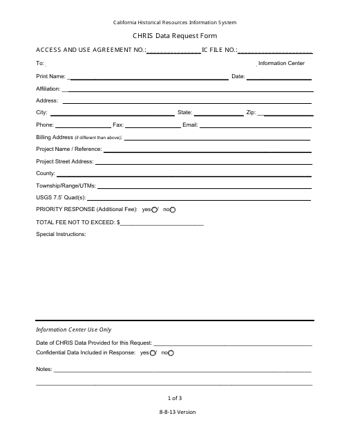 Data Request Form - California Historical Resources Information System - California Download Pdf