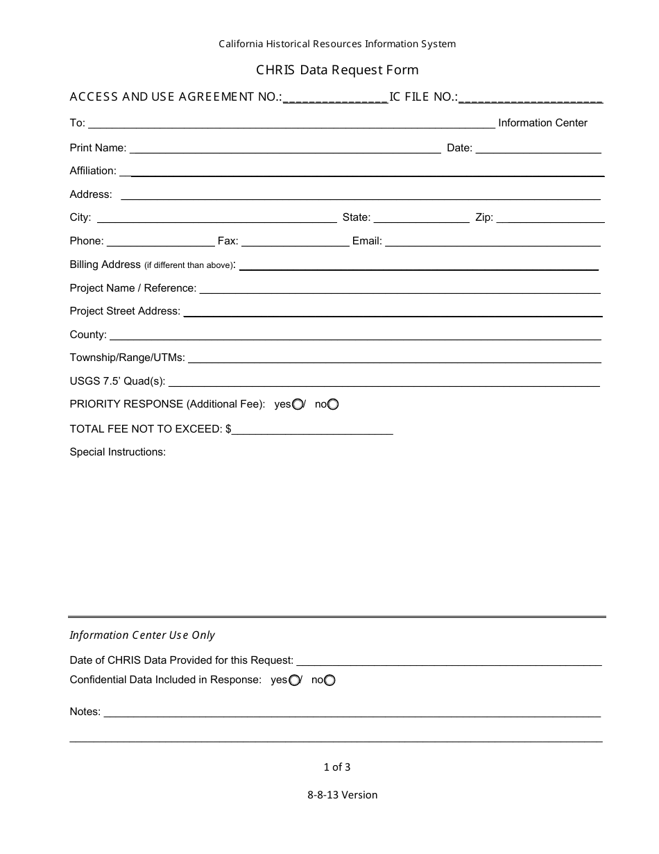 Data Request Form - California Historical Resources Information System - California, Page 1
