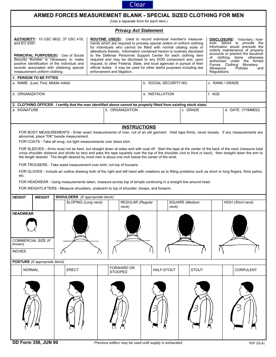 DD Form 358 Armed Forces Measurement Blank - Special Sized Clothing for Men, Page 1