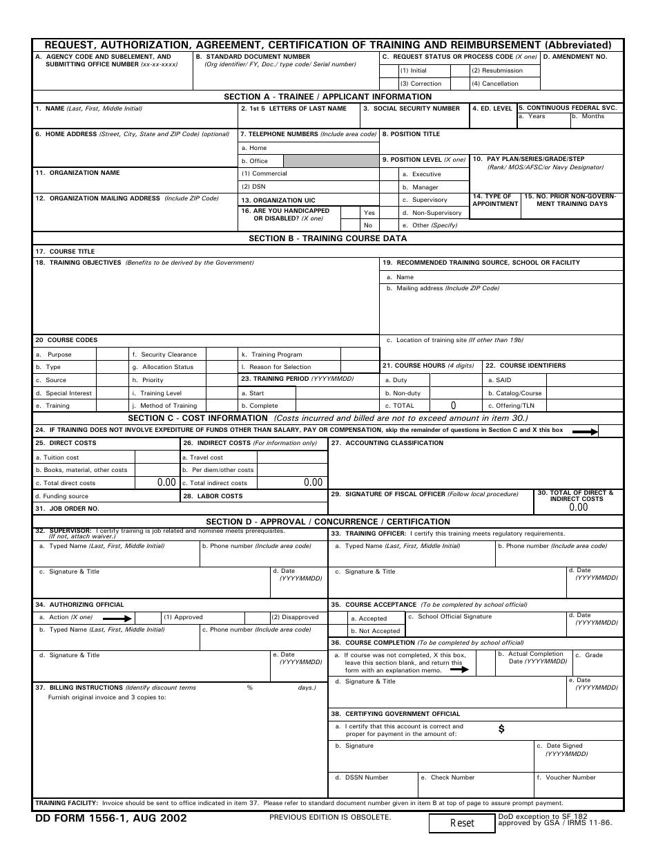 DD Form 1556-1 Request, Authorization, Agreement, Certification of Training and Reimbursement (Abbreviated), Page 1