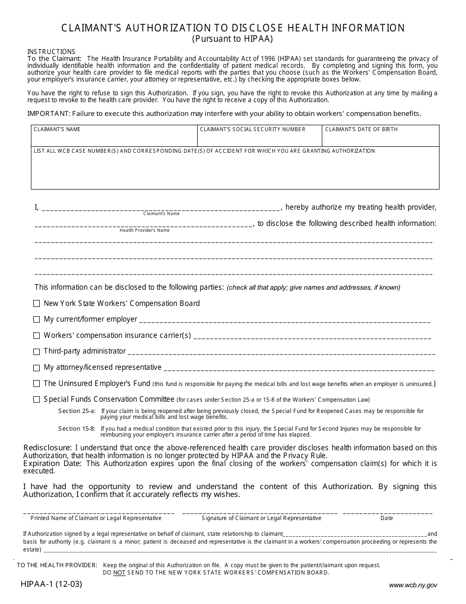 Form HIPAA-1 Claimant's Authorization to Disclose Health Information (Pursuant to HIPAA) - New York, Page 1