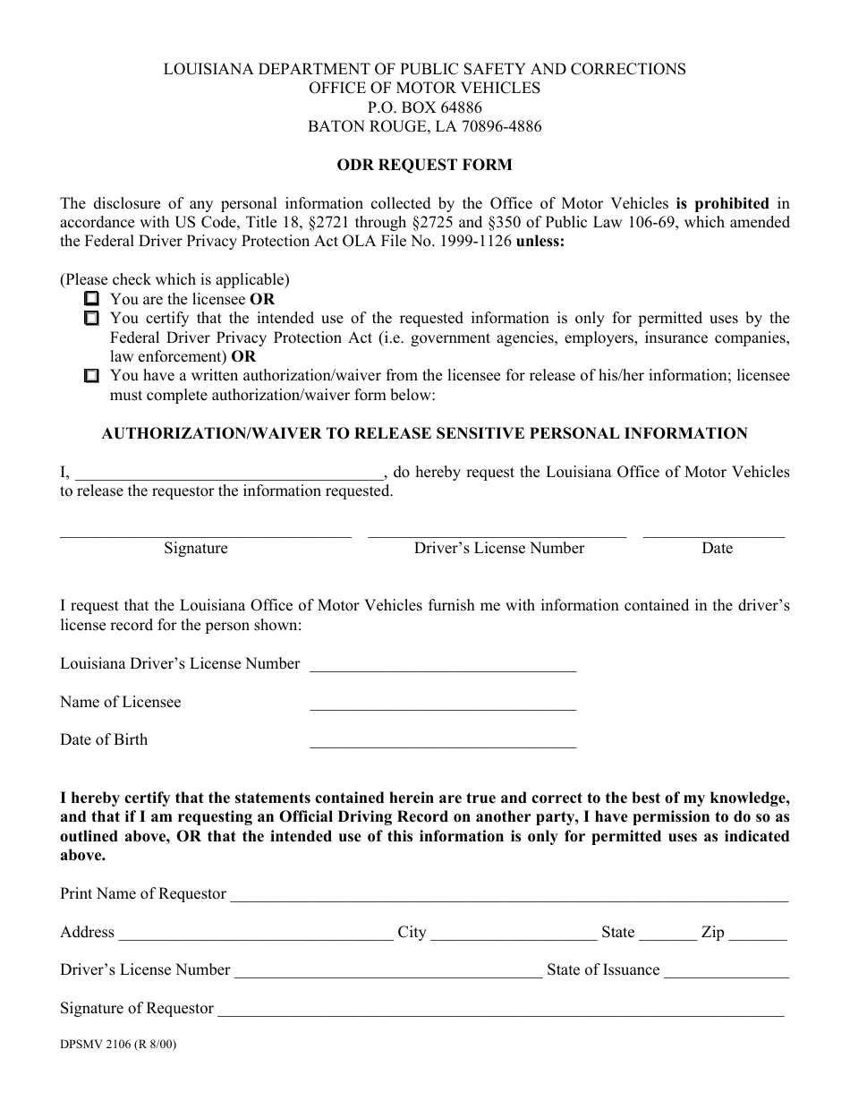 Form DPSMV2106 Odr Request Form - Louisiana, Page 1