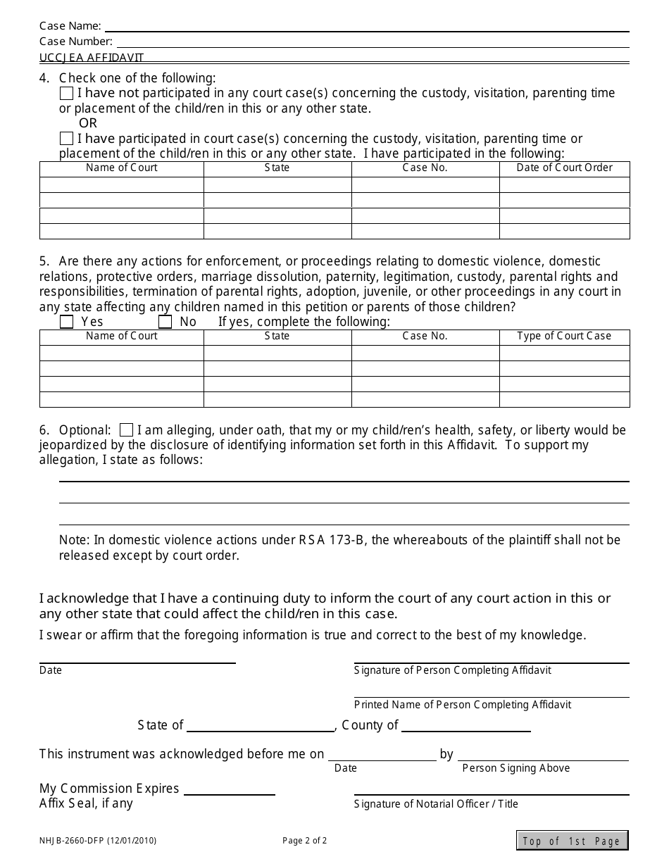 Form NHJB-2660 Uniform Child Custody Jurisdiction and Enforcement Act Affidavit - New Hampshire, Page 2