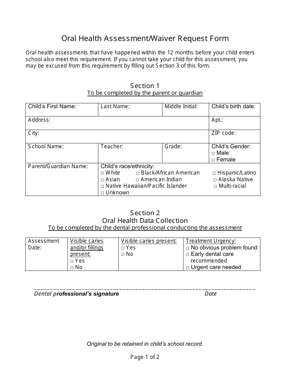 Oral Health Assessment / Waiver Request Form, Page 1